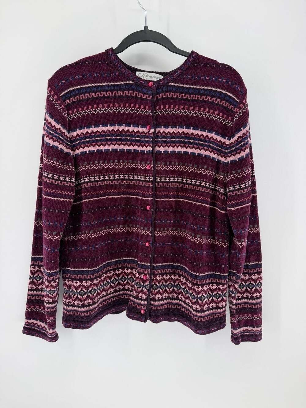 Dressbarn L Fair Isle Cardigan Sweater Burgundy Pink Grandpa Core Whimsygoth